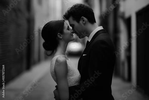 Couple sharing a romantic moment in an alley during their wedding day in black and white