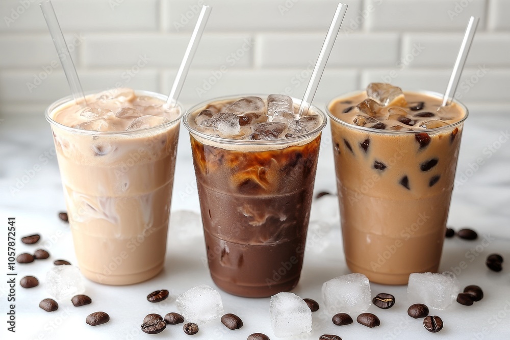 Iced coffee trio in clear cups, each showing a different milk ratio, ice cubes, and straws Iced coffee trio in clear cups, each showing a different milk ratio, ice cubes, and straws
