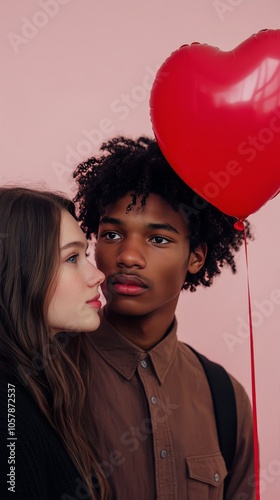 Couple holding a heart shaped balloon in front of a pink wall during daytime