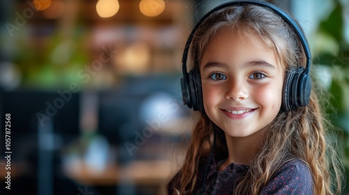 Cheerful girl with headphones enjoying music in a vibrant market during daylight