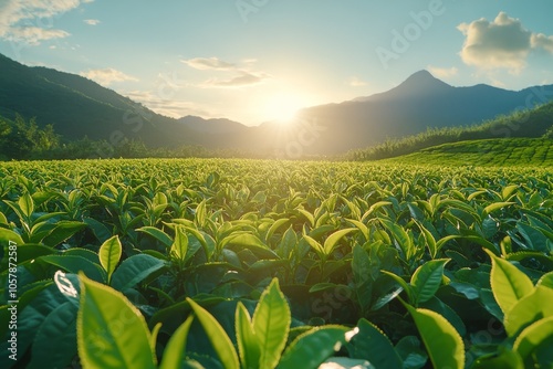 Morning sunlight shines over a lush green tea plantation in the mountains at ...