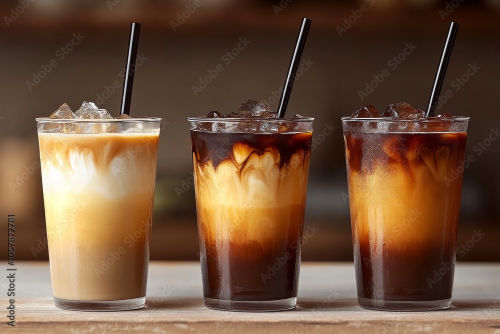 Iced coffee trio in clear cups, each showing a different milk ratio, ice cubes, and straws Iced coffee trio in clear cups, each showing a different milk ratio, ice cubes, and straws