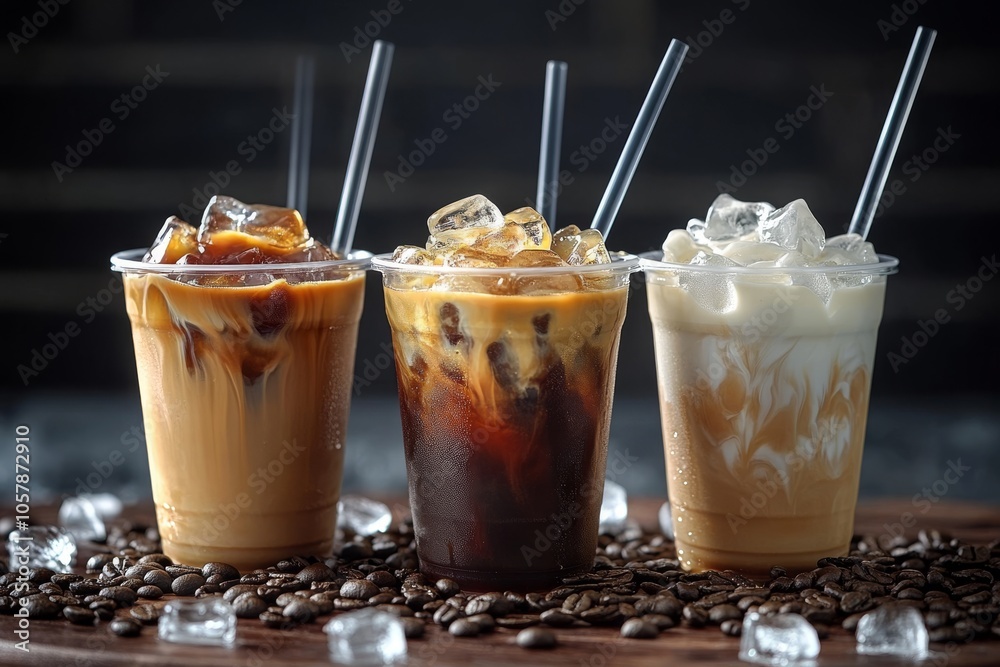 Iced coffee trio in clear cups, each showing a different milk ratio, ice cubes, and straws Iced coffee trio in clear cups, each showing a different milk ratio, ice cubes, and straws