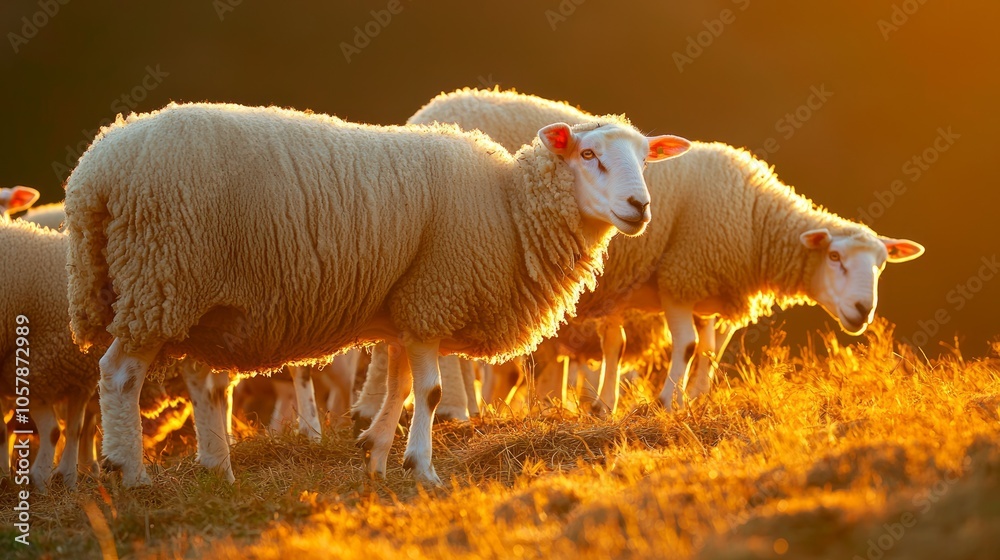 Tranquil Sunset Grazing: Flock of Sheep on Hillside Farm | Peaceful Countryside Scene with Illuminated Wool in Warm Glow Tranquil Sunset Grazing: Flock of Sheep on Hillside Farm | Peaceful Countryside Scene with Illuminated Wool in Warm Glow