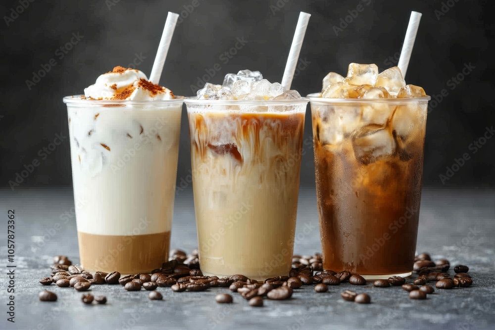 Iced coffee trio in clear cups, each showing a different milk ratio, ice cubes, and straws Iced coffee trio in clear cups, each showing a different milk ratio, ice cubes, and straws
