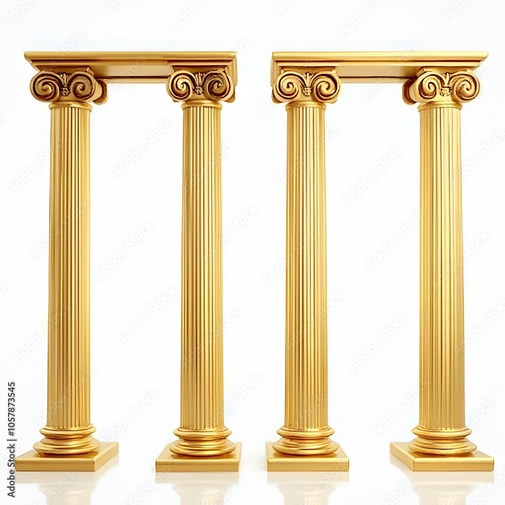 Fototapeta premium Pair of Golden Classical Columns Isolated on White Background