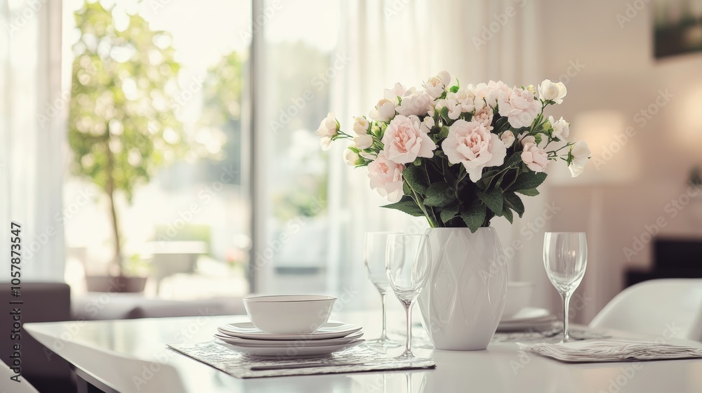 Stylish Dining Room with Elegant Floral Centerpiece Stylish Dining Room with Elegant Floral Centerpiece