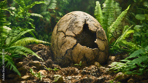 Fototapeta Naklejka Na Ścianę i Meble -  The remnants of a dinosaur egg shell placed in a forest, from which a dinosaur has hatched, leaving behind only the shell of the egg.