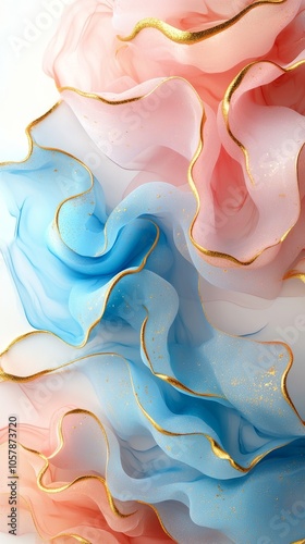 Delicate blue and pink flowers adorned with gold accents create a beautiful b...