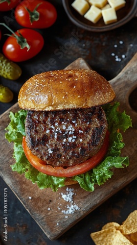 A delicious grilled hamburger with fresh lettuce and tomato on a wooden board...