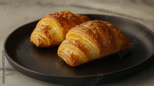 Two freshly baked croissants resting on dark plate