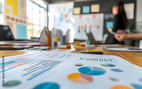 A close-up view of colorful charts and graphs on a table, with a blurred business meeting in the background, showcasing teamwork.