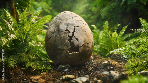 Fototapeta Naklejka Na Ścianę i Meble -  A dinosaur egg that has cracked, from which a young dinosaur has hatched. The dinosaur egg is located in a forest, serving as an incubator for the baby dinosaur.
