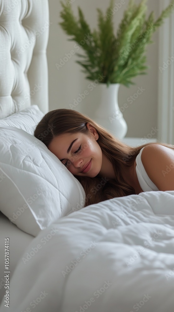 Young woman peacefully sleeping on a white bed with soft pillows in a bright room Young woman peacefully sleeping on a white bed with soft pillows in a bright room