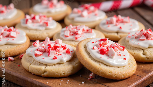 Frosted peppermint cookies topped with crushed candy canes on a rustic wooden board