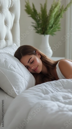 Young woman peacefully sleeping on a white bed with soft pillows in a bright ...