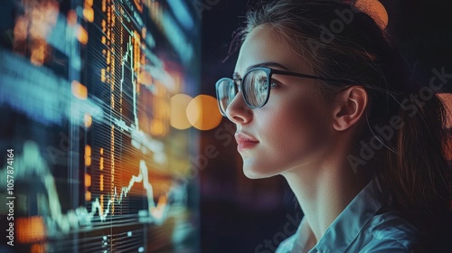 Woman analyzing data on a digital screen with charts and graphs