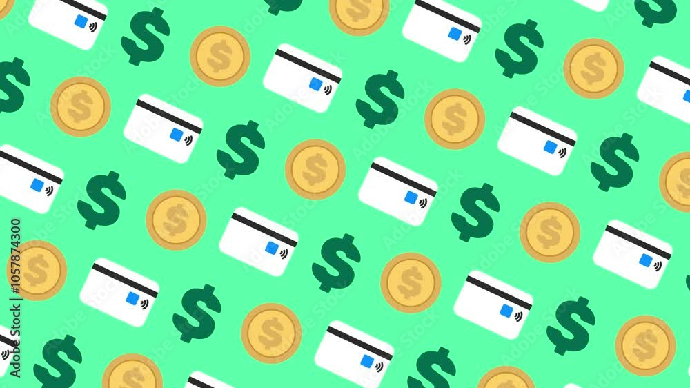 Íconos animados de métodos de pago. Moneda, tarjeta de crédito y signo de dólar.