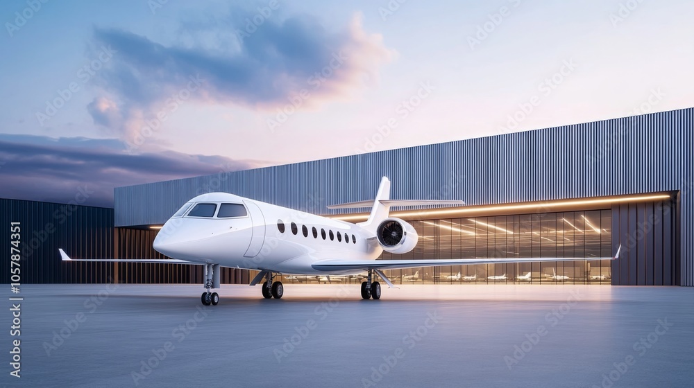 A modern private jet hangar with architectural features and a large roll-up door. a luxurious white private jet. A modern private jet hangar with architectural features and a large roll-up door. a luxurious white private jet.