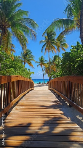 A wooden boardwalk leading to the beach under a bright blue sky with palm tre...