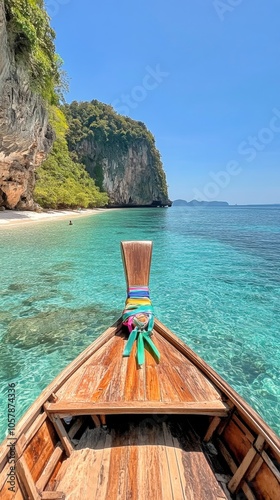 A wooden boat anchored in clear turquoise water on a serene beach under blue ...