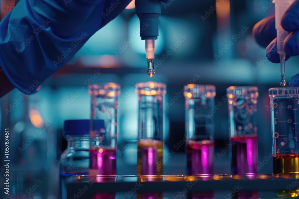 Scientists conduct chemical experiment with dropper in lab. Scientists conduct chemical experiment with dropper in lab.