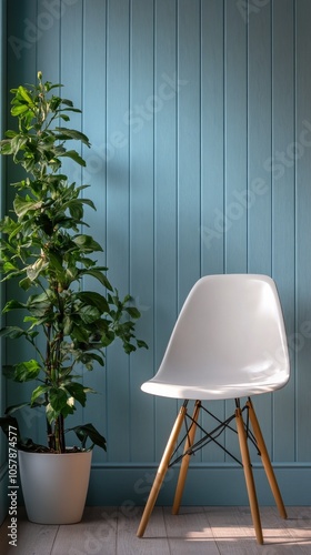 Minimalist chair in a cozy room with plants and wall clock in soft lighting