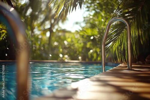 Tranquil swimming pool surrounded by lush greenery in a tropical resort setting