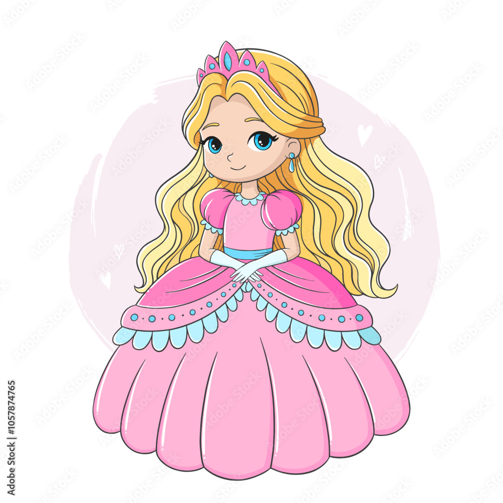 Adorable blonde princess in pink dress and crown, tiara isolated on white background. Cute children's illustration of beautiful girl for cards, print, design Adorable blonde princess in pink dress and crown, tiara isolated on white background. Cute children's illustration of beautiful girl for cards, print, design