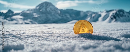 Golden bitcoin resting on snow with mountain landscape