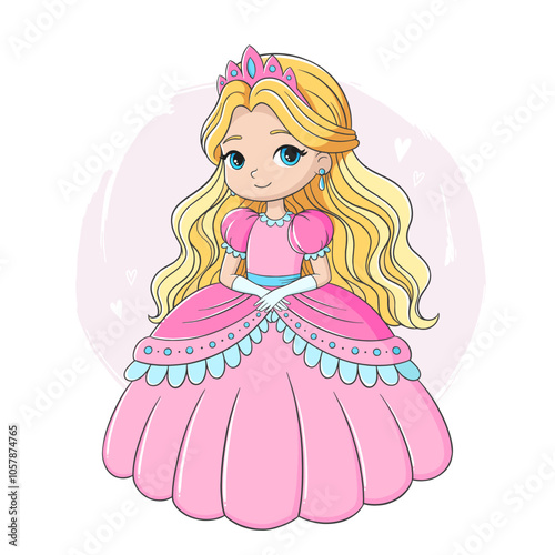 Adorable blonde princess in pink dress and crown, tiara isolated on white background. Cute children's illustration of beautiful girl for cards, print, design