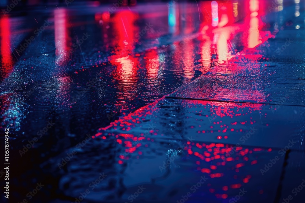 Neon lights illuminate dark city street at night.