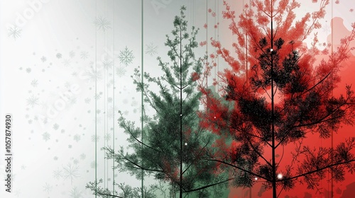 Festive holiday forest with red and green christmas trees and snowflakes