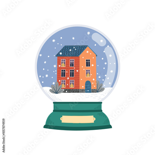 Snowball with orange house decoration and trees. Christmas card. Crystal snow globe isolated on white background. Merry Christmas and Happy New Year. Vector illustration.