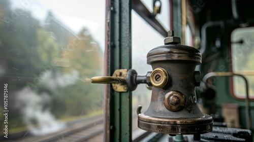 Steam billows past window of vintage train in autumn forest, capturing nostalgic charm of old locomotives chugging along tracks. Brass and metal details add to industrial beauty