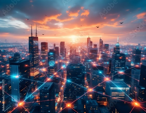 Modern City Skyline at Dusk with Glowing Data Network: Aerial View of Futuristic Wireless Communication and Digital Connectivity