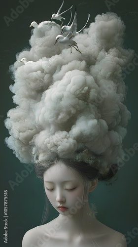 Surreal Fashion with Clouds and Birds