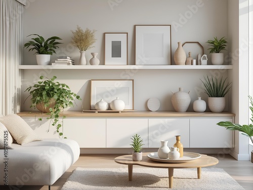 Beautifully decorated open-concept shelf in a white theme living room