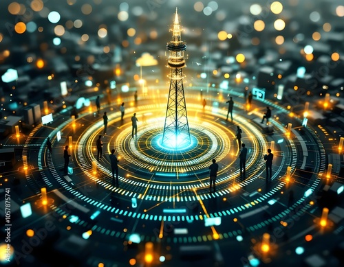 Vibrant Network Tower with Radiating Wireless Signals and Urban Connectivity – Futuristic Cityscape Illustration