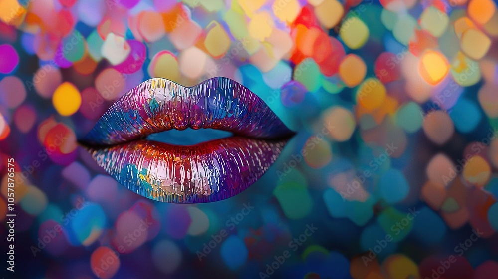A close-up portrait of a person's lips on a multicolored background featuring circle shapes A close-up portrait of a person's lips on a multicolored background featuring circle shapes