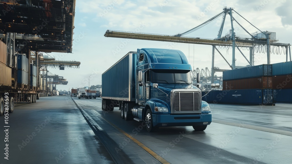 blue and huge truck on the road. logistic blue and huge truck on the road. logistic