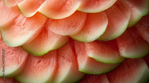 Layers of fresh watermelon slices arranged beautifully for a summer fruit dis...