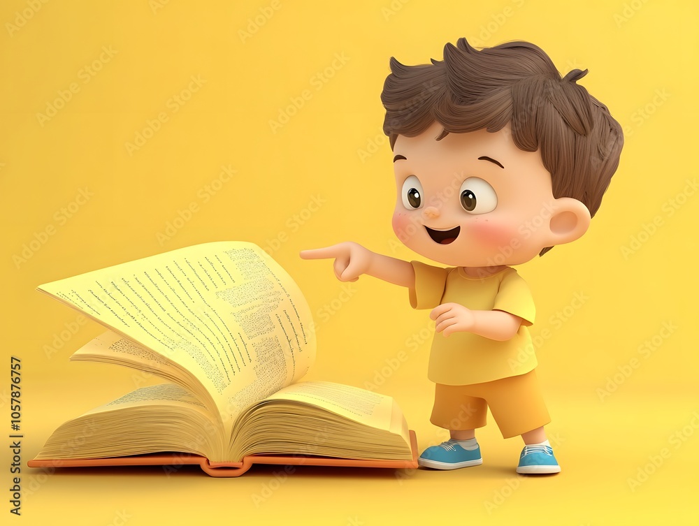 A joyful child in a yellow shirt points at an open book, expressing excitement and curiosity in a vibrant, playful setting. A joyful child in a yellow shirt points at an open book, expressing excitement and curiosity in a vibrant, playful setting.