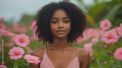Young woman surrounded by vibrant pink flowers in a sunny garden during the g...