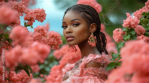 Young woman surrounded by vibrant pink flowers in a sunny garden during the g...