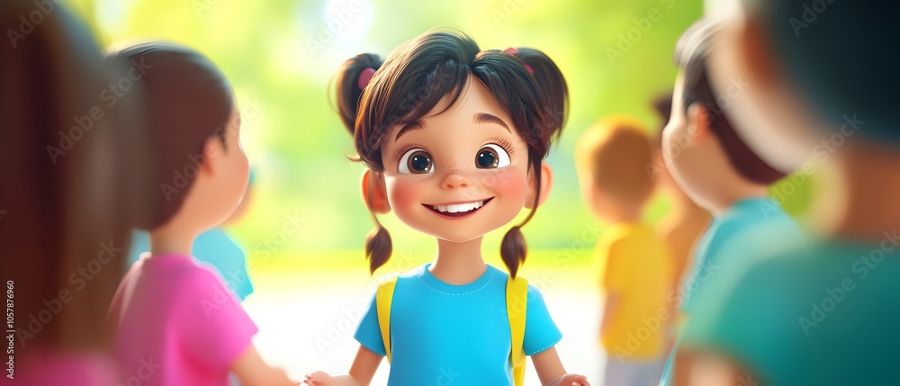 Fototapeta premium A joyful child smiles brightly amidst friends in a vibrant outdoor setting, capturing the essence of childhood happiness.