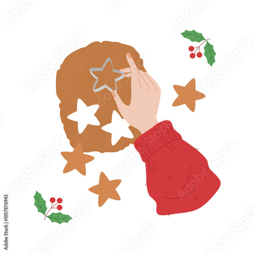 Woman making homemade gingerbread cookies. New Year, Christmas handmade baking, kneading and rolling out dough. Culinary school. Flat vector illustration on white background.