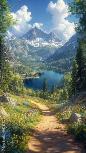 Scenic mountain pathway leading to a tranquil lake surrounded by vibrant wild...