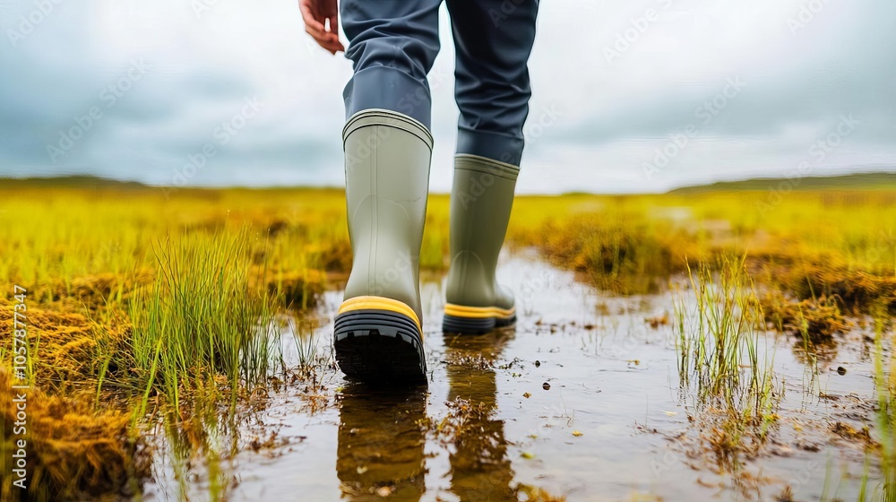 Investor in rain boots walking through marshland, assessing terrain Investor in rain boots walking through marshland, assessing terrain
