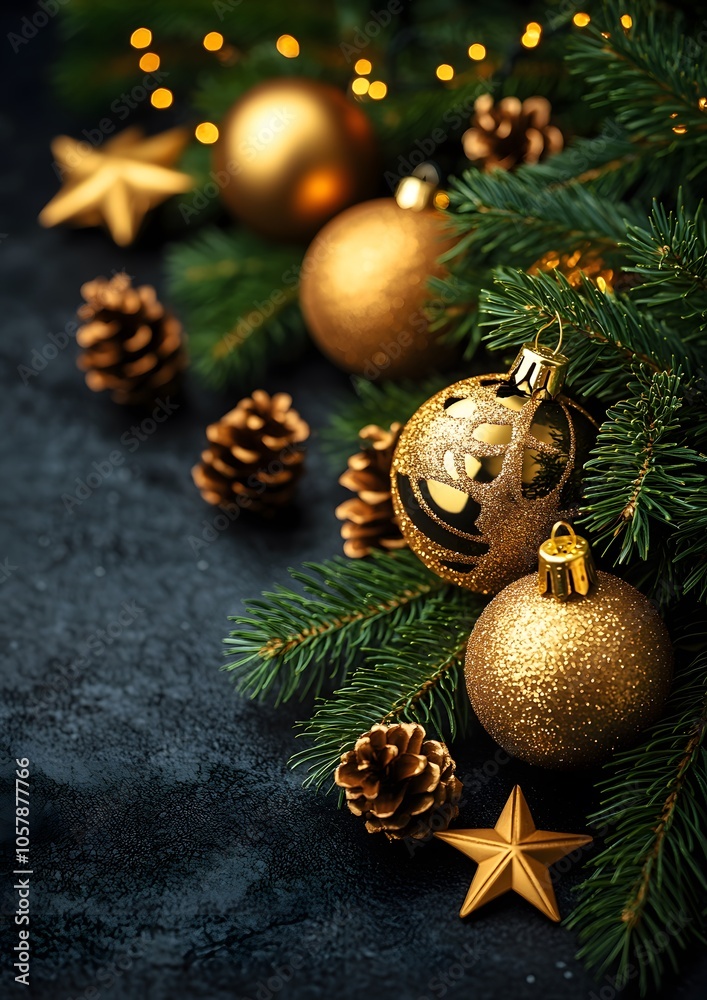 A Christmas tree with gold ornaments and pine cones. The pine cones are scattered around the tree and the gold ornaments are hanging from the branches. Scene is festive and joyful A Christmas tree with gold ornaments and pine cones. The pine cones are scattered around the tree and the gold ornaments are hanging from the branches. Scene is festive and joyful